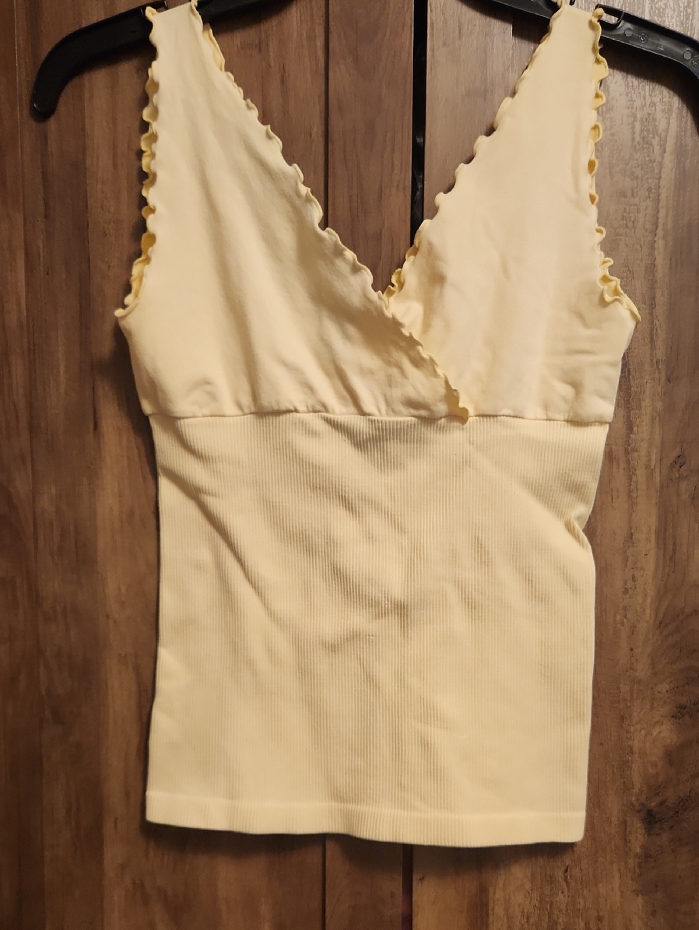 Last Tango Pale Yellow Ribbed V-Neck Tank With Scallopped Trim
